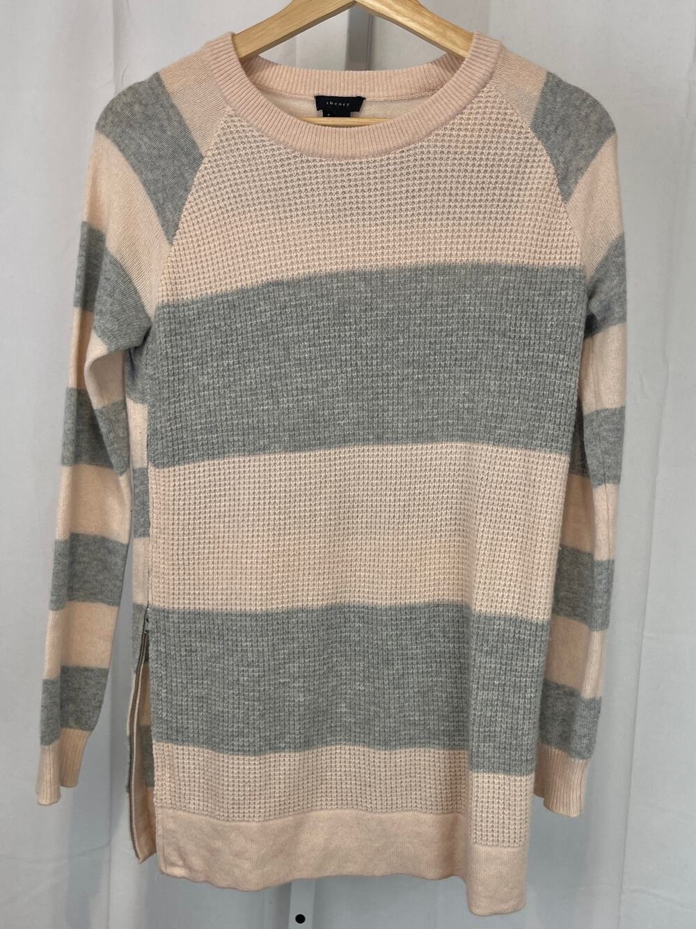 THEORY Dariella Lofty Cashmere Stripe Zip Hem Tunic Sweater Pink Gray XS / P